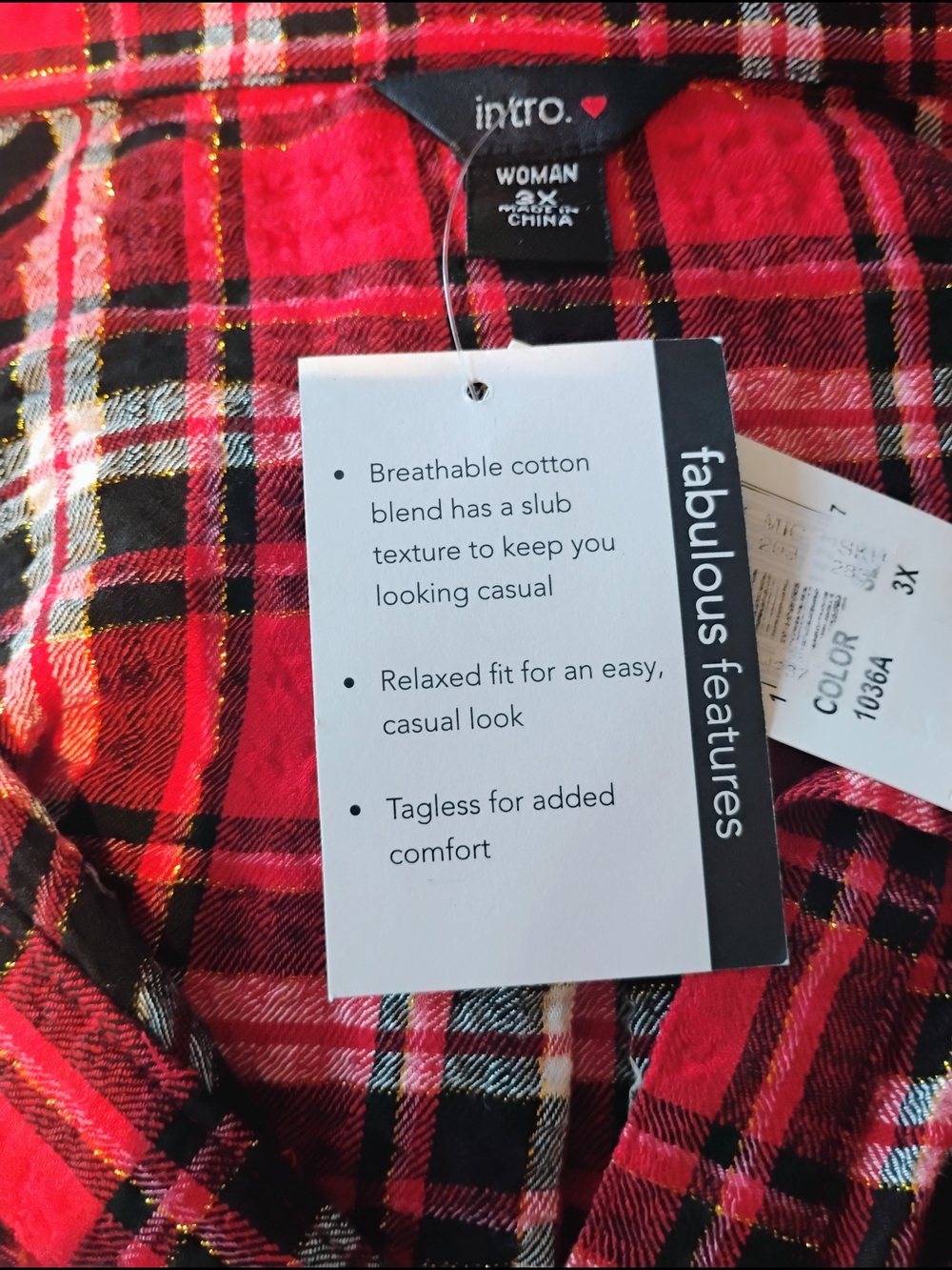 intro. Size 3X Red & Black Plaid Button-Up Shirt With Roll Tab Sleeves. NWT - Picture 11 of 11